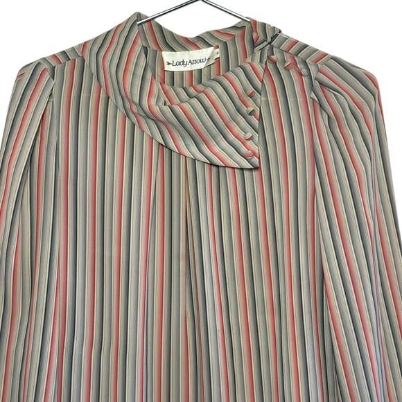 Vintage Lady Arrow Size 8 Made in Korea Striped Button High Collar Blouse - Picture 3 of 10
